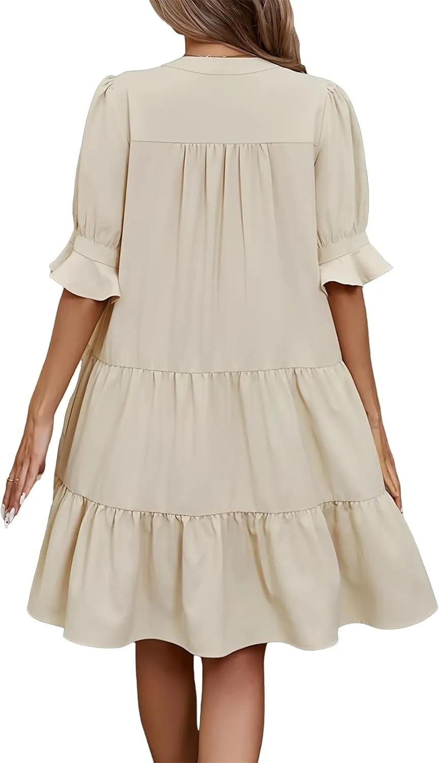 Summer Dresses for Women Ruffle Short Sleeve V Neck A Line Maxi Dress Tiered Flowy Loose Solid Vacation Beach Dress