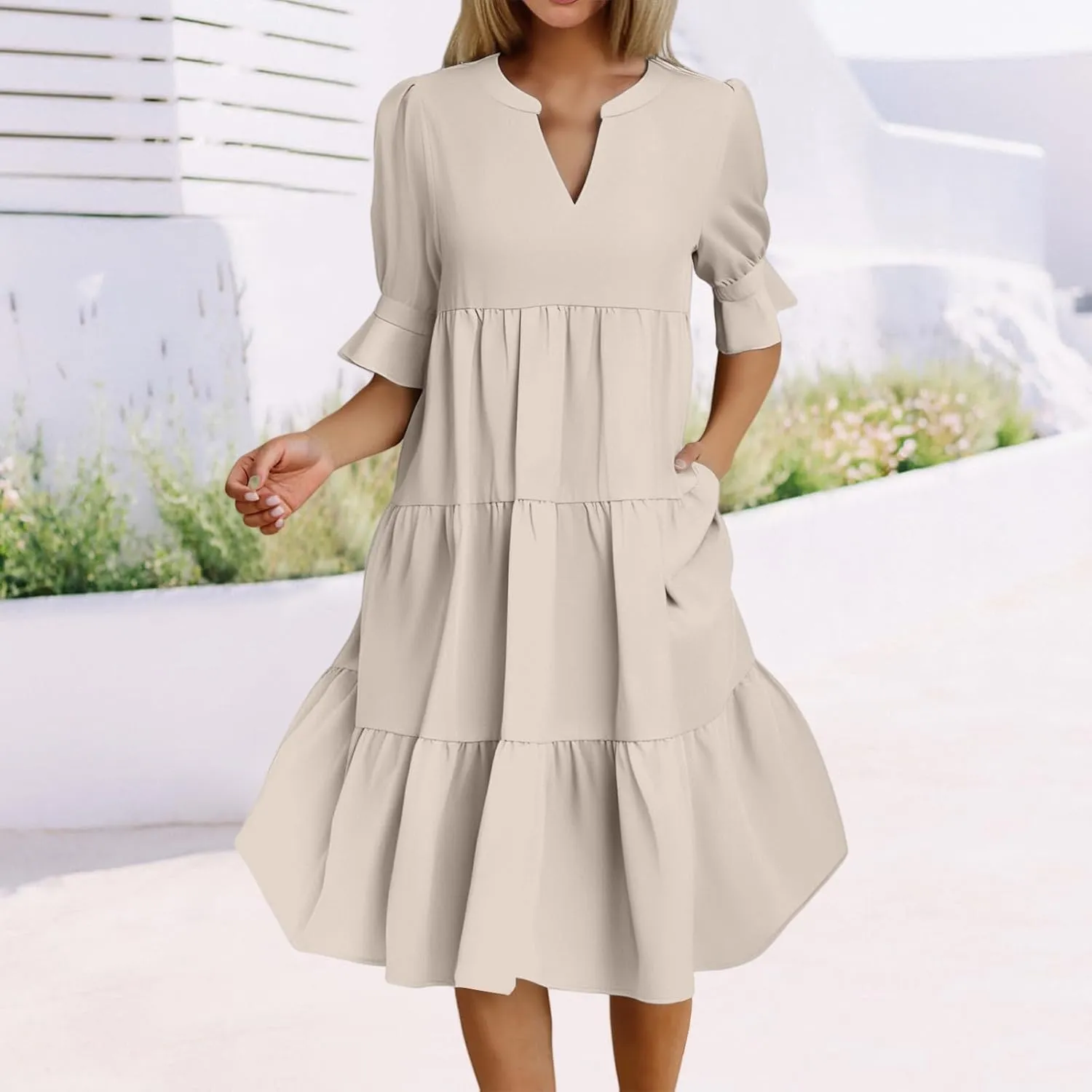 Summer Dresses for Women Ruffle Short Sleeve V Neck A Line Maxi Dress Tiered Flowy Loose Solid Vacation Beach Dress