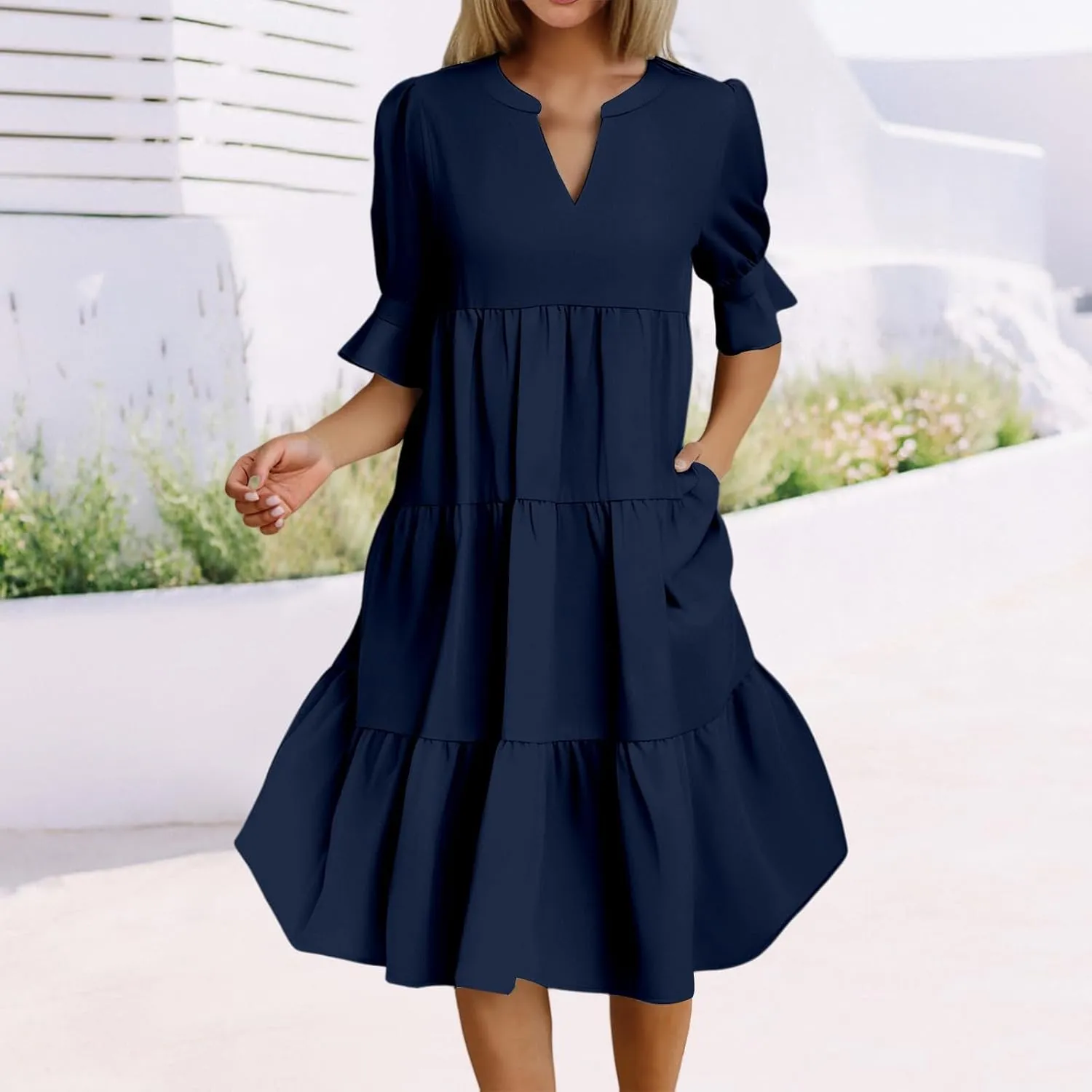 Summer Dresses for Women Ruffle Short Sleeve V Neck A Line Maxi Dress Tiered Flowy Loose Solid Vacation Beach Dress