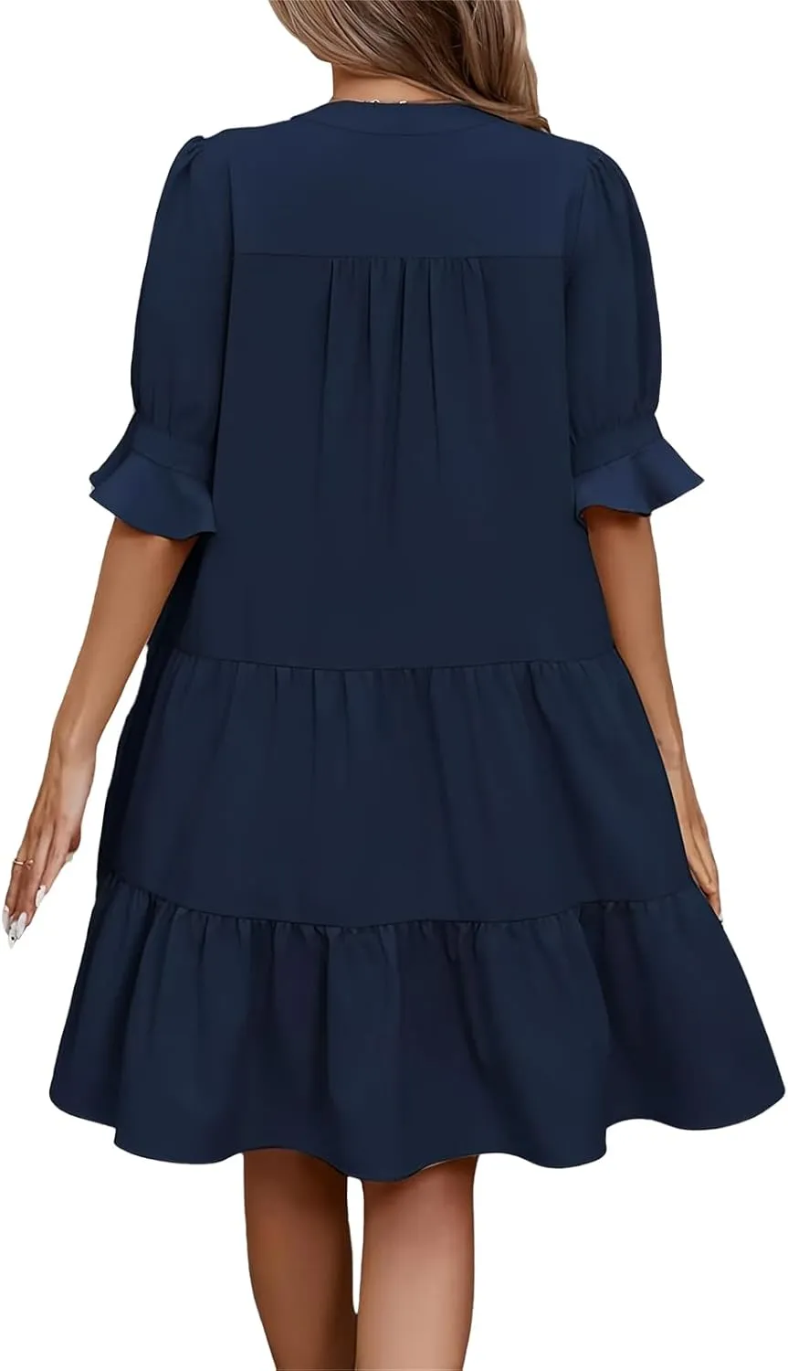 Summer Dresses for Women Ruffle Short Sleeve V Neck A Line Maxi Dress Tiered Flowy Loose Solid Vacation Beach Dress