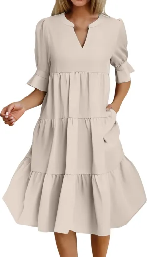 Summer Dresses for Women Ruffle Short Sleeve V Neck A Line Maxi Dress Tiered Flowy Loose Solid Vacation Beach Dress