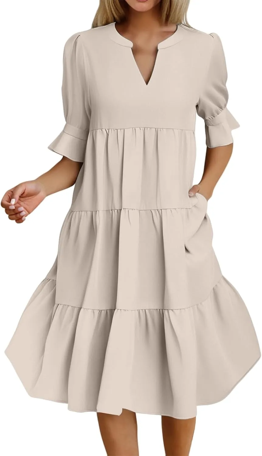 Summer Dresses for Women Ruffle Short Sleeve V Neck A Line Maxi Dress Tiered Flowy Loose Solid Vacation Beach Dress