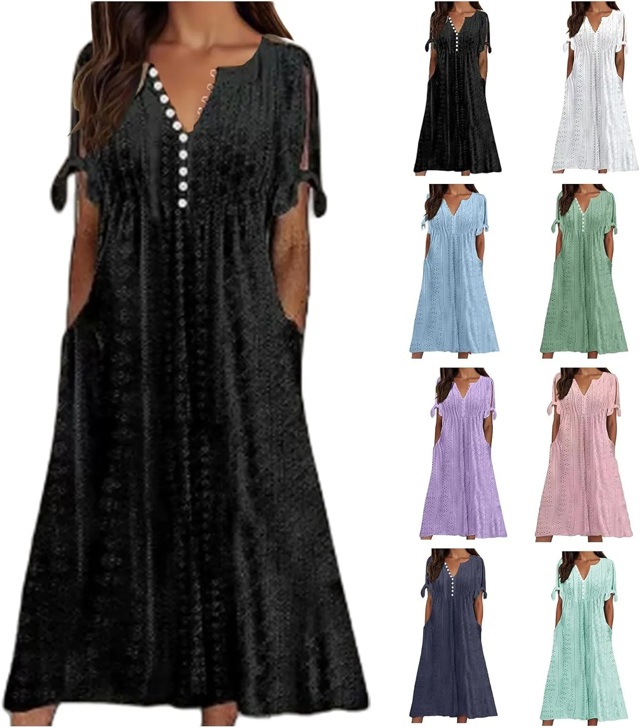 Summer Dresses for Women V Neck Short Sleeve Eyelet Pastel Dress Casual Beach Vacation Long Dress Flowy Maxi Dresses
