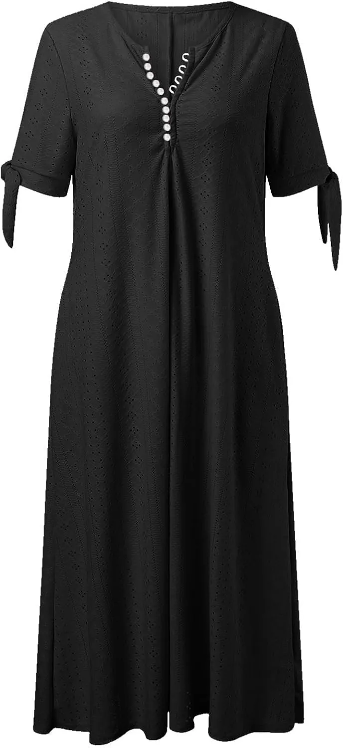 Summer Dresses for Women V Neck Short Sleeve Eyelet Pastel Dress Casual Beach Vacation Long Dress Flowy Maxi Dresses