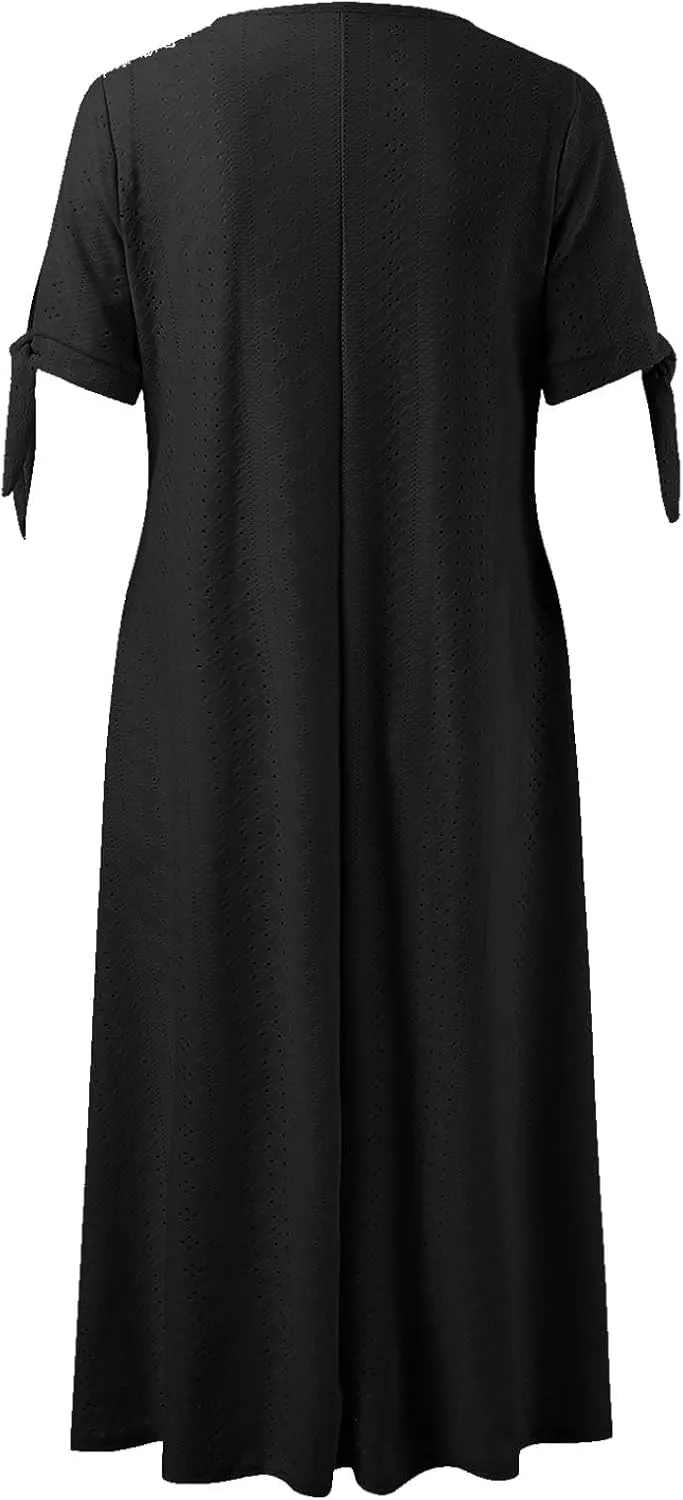 Summer Dresses for Women V Neck Short Sleeve Eyelet Pastel Dress Casual Beach Vacation Long Dress Flowy Maxi Dresses