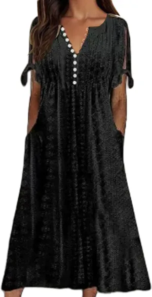 Summer Dresses for Women V Neck Short Sleeve Eyelet Pastel Dress Casual Beach Vacation Long Dress Flowy Maxi Dresses