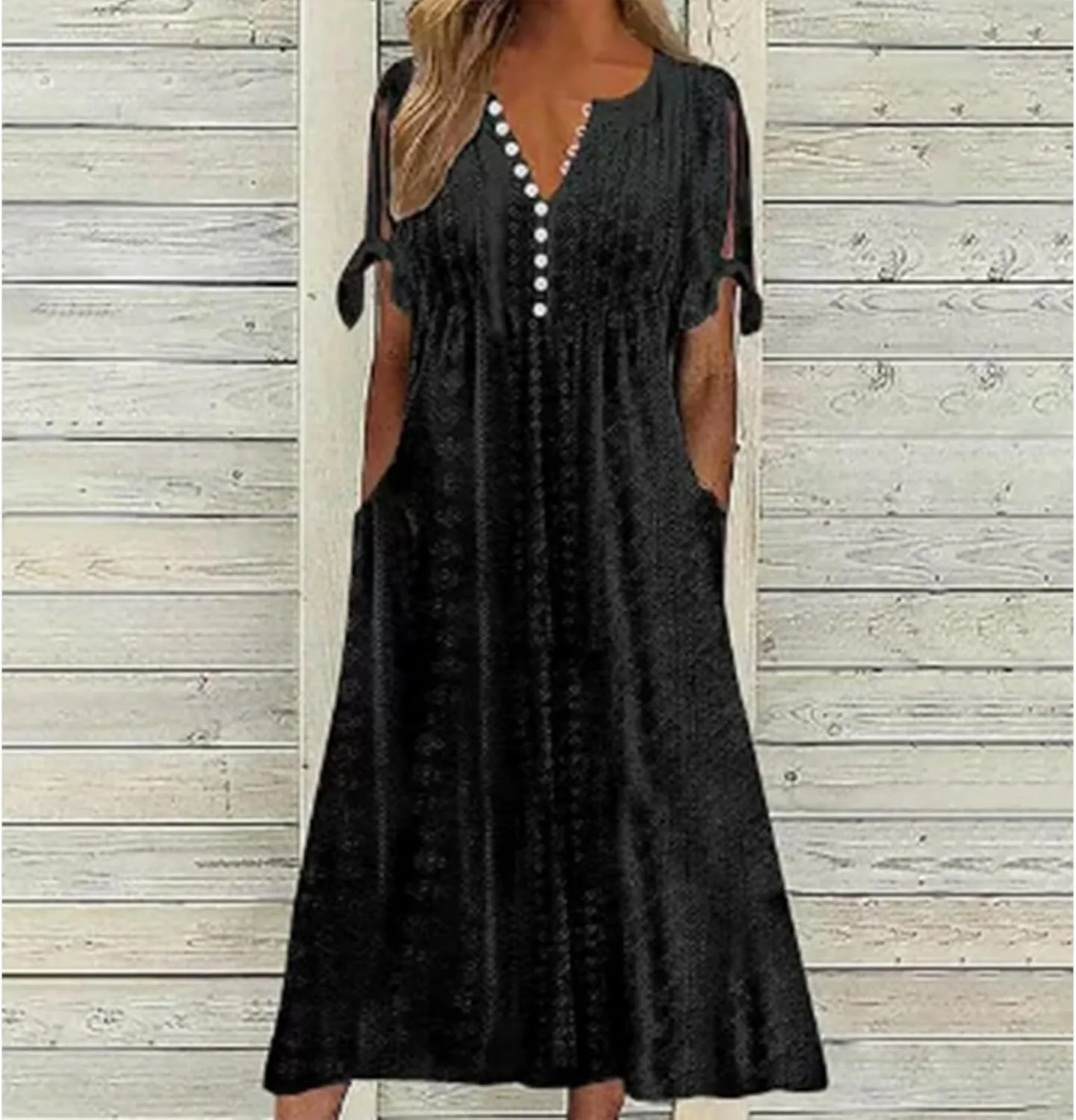 Summer Dresses for Women V Neck Short Sleeve Eyelet Pastel Dress Casual Beach Vacation Long Dress Flowy Maxi Dresses