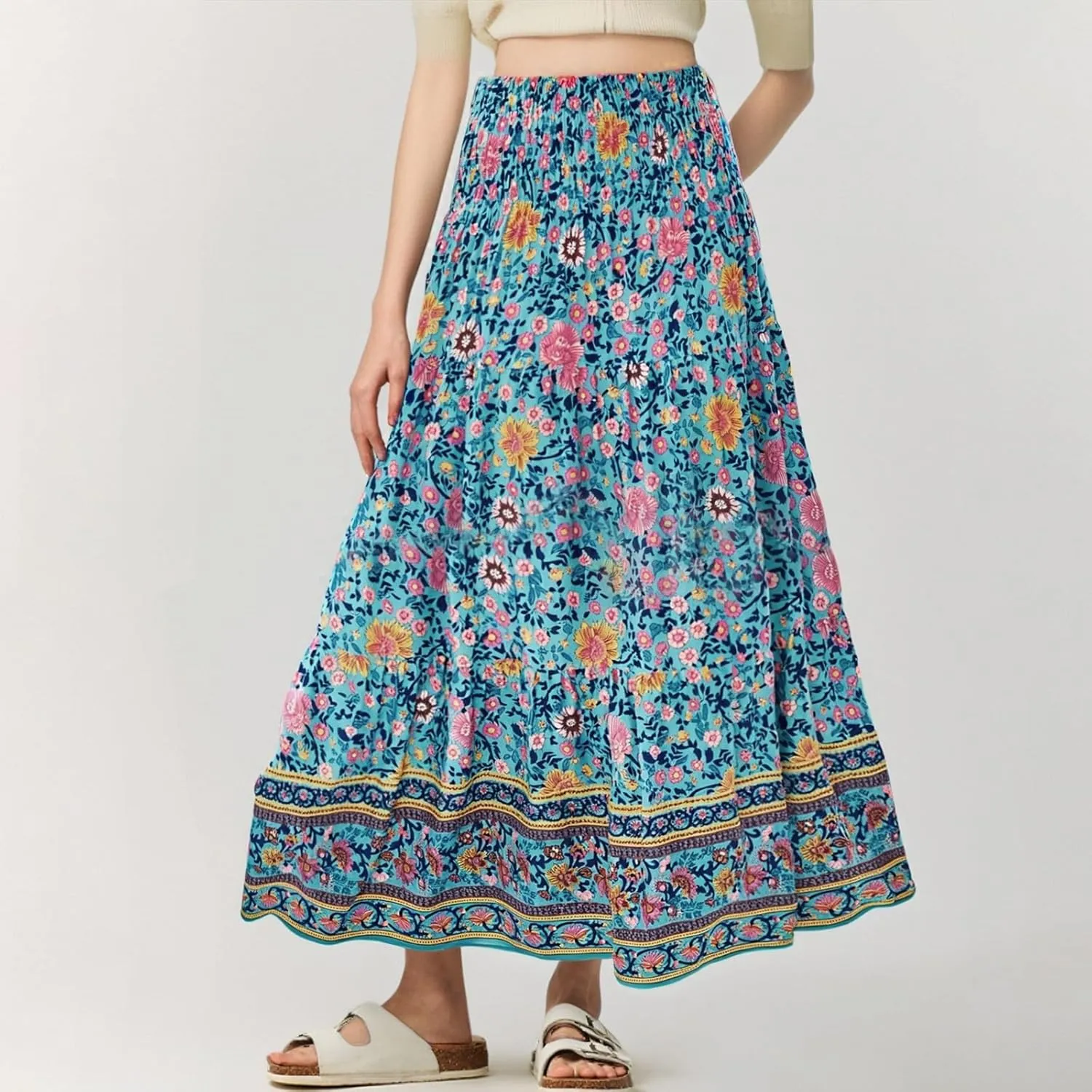 Summer Maxi Skirt for Women Layered Tiered Elastic High Waisted Skirt Smocked A Line Skirts Cute Skirts Long