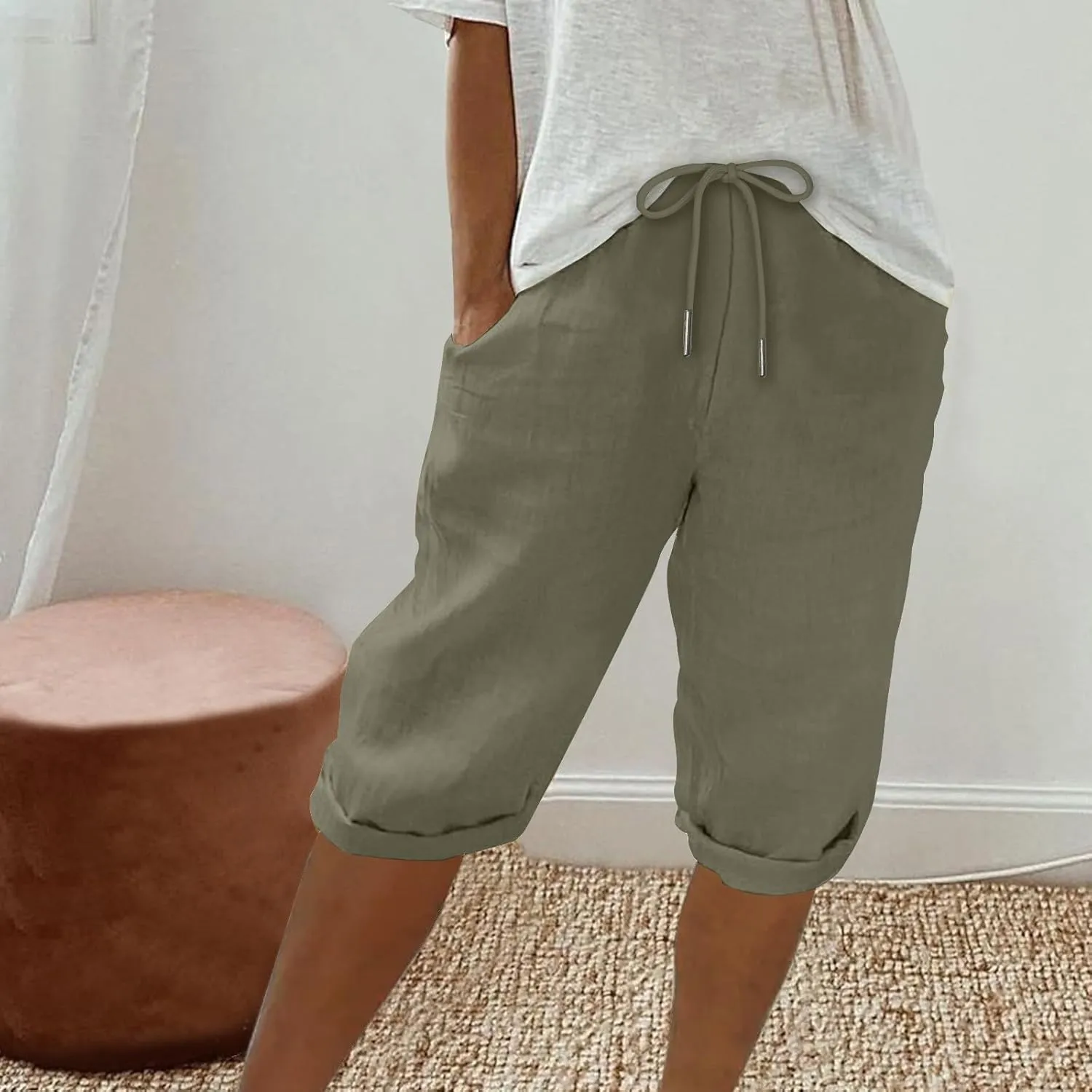 Summer Shorts for Women Cotton Linen Knee Length Drawstring High Waisted Bermuda Shorts Casual Straight Leg Shorts