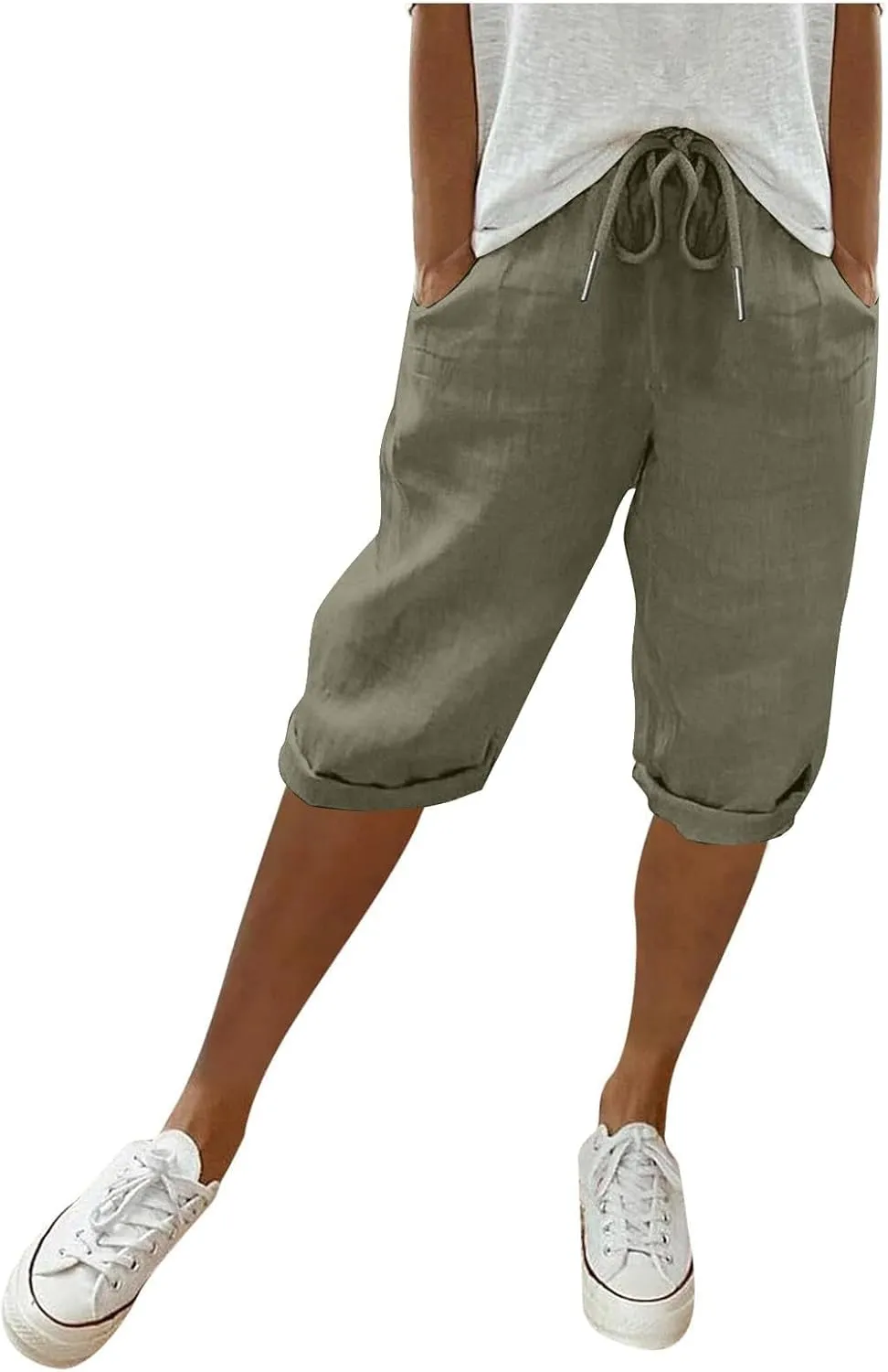 Summer Shorts for Women Cotton Linen Knee Length Drawstring High Waisted Bermuda Shorts Casual Straight Leg Shorts
