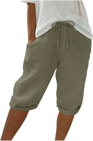 Summer Shorts for Women Cotton Linen Knee Length Drawstring High Waisted Bermuda Shorts Casual Straight Leg Shorts