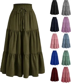 Summer Skirts for Women 2025 Elastic High Waisted Maxi Skirt A Line Floral Skirts Tiered Tie Front Ruffle Hem Skorts
