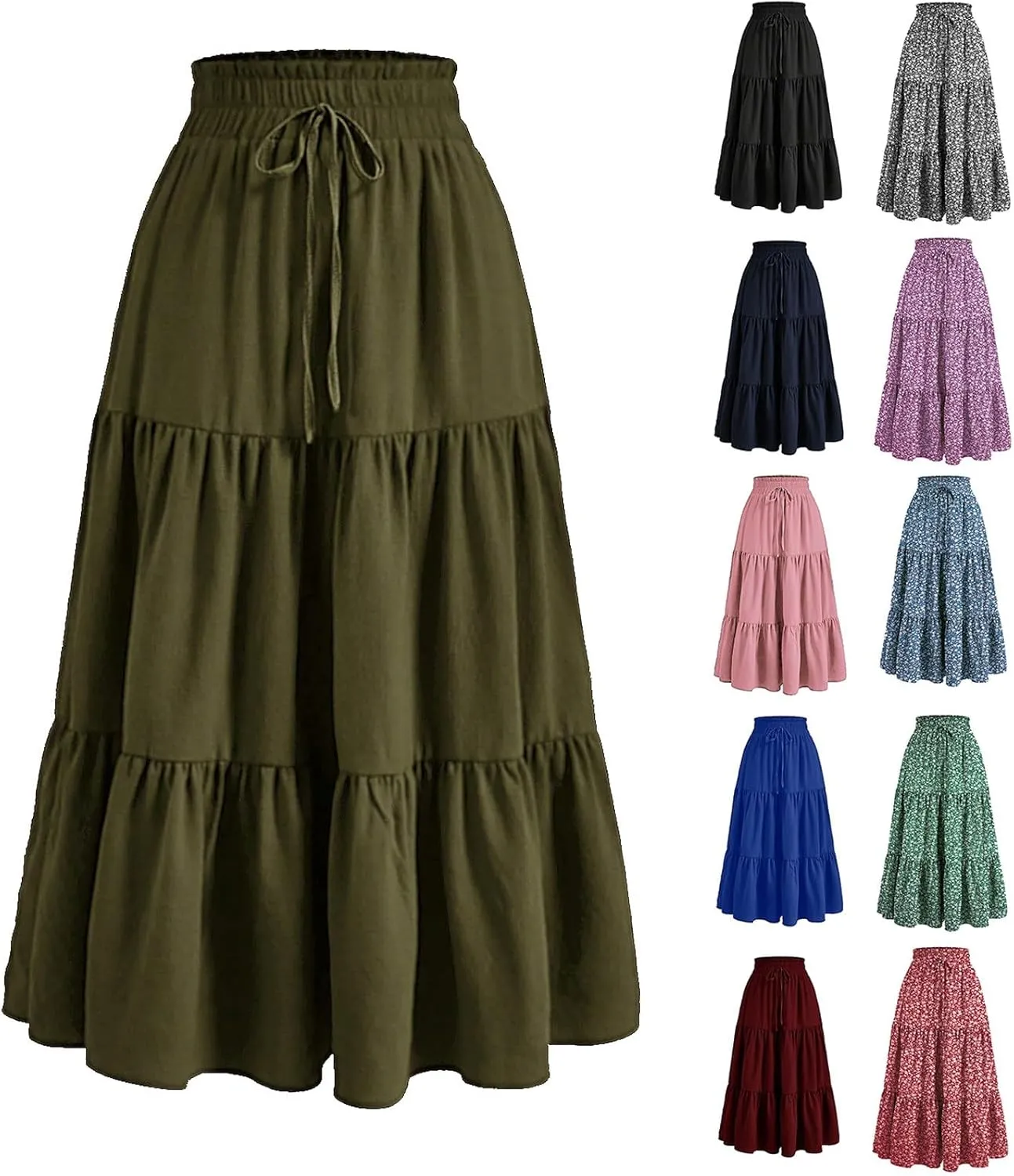 Summer Skirts for Women 2025 Elastic High Waisted Maxi Skirt A Line Floral Skirts Tiered Tie Front Ruffle Hem Skorts