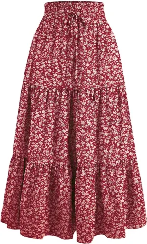 Summer Skirts for Women 2025 Maxi Skirt A Line Floral Skirts Tiered Elastic High Waisted Tie Front Ruffle Hem Skorts