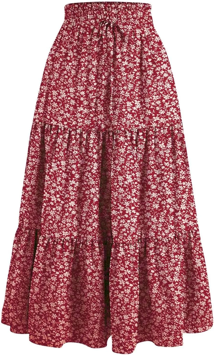 Summer Skirts for Women 2025 Maxi Skirt A Line Floral Skirts Tiered Elastic High Waisted Tie Front Ruffle Hem Skorts