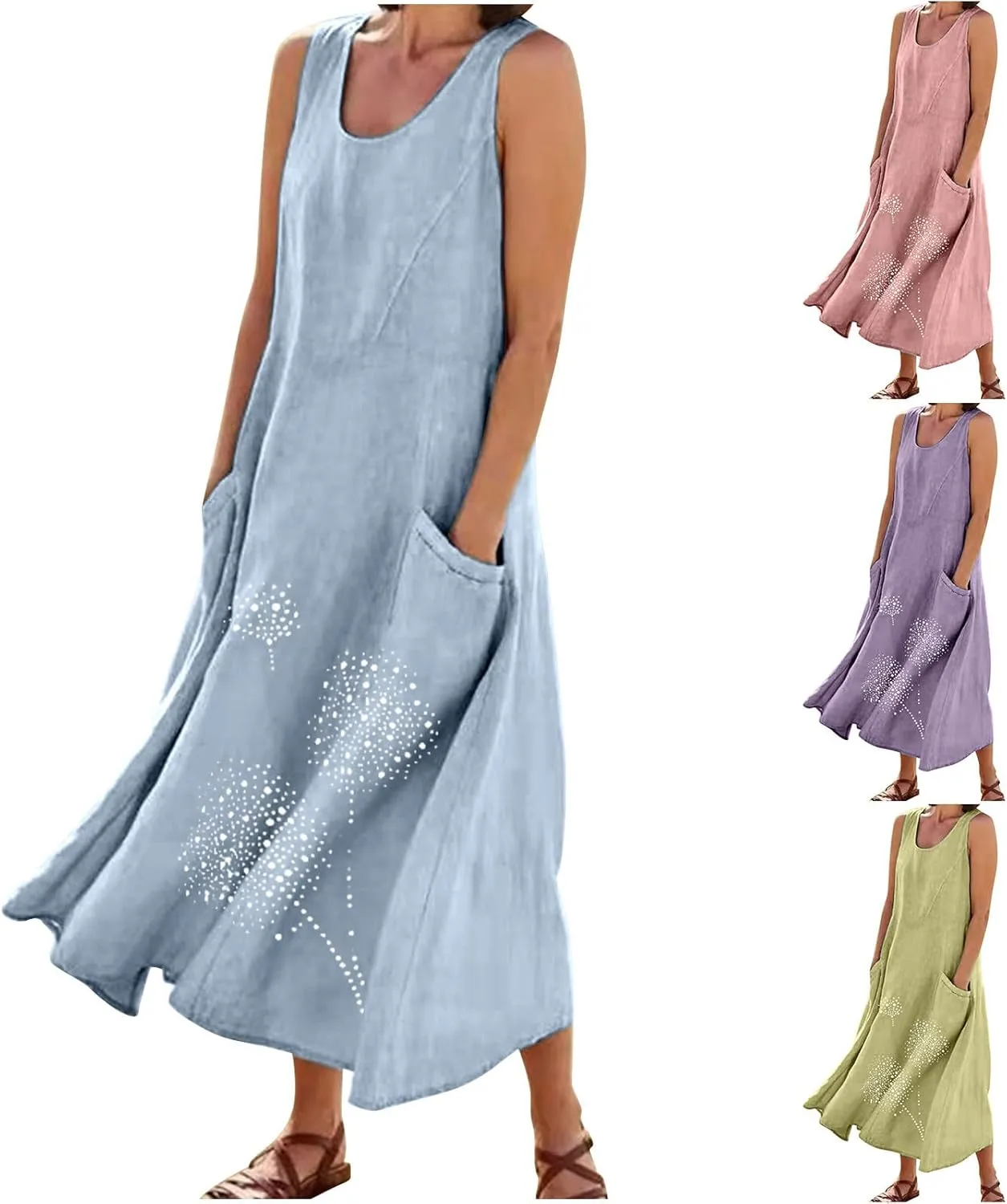 Sun Dresses for Women 2025 Vacation Boho Floral Sundress Plus Size Cotton Linen Dresses Sleeveless Dress with Pockets