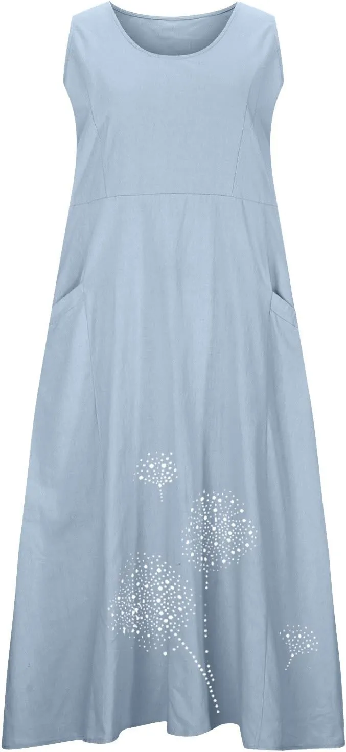 Sun Dresses for Women 2025 Vacation Boho Floral Sundress Plus Size Cotton Linen Dresses Sleeveless Dress with Pockets