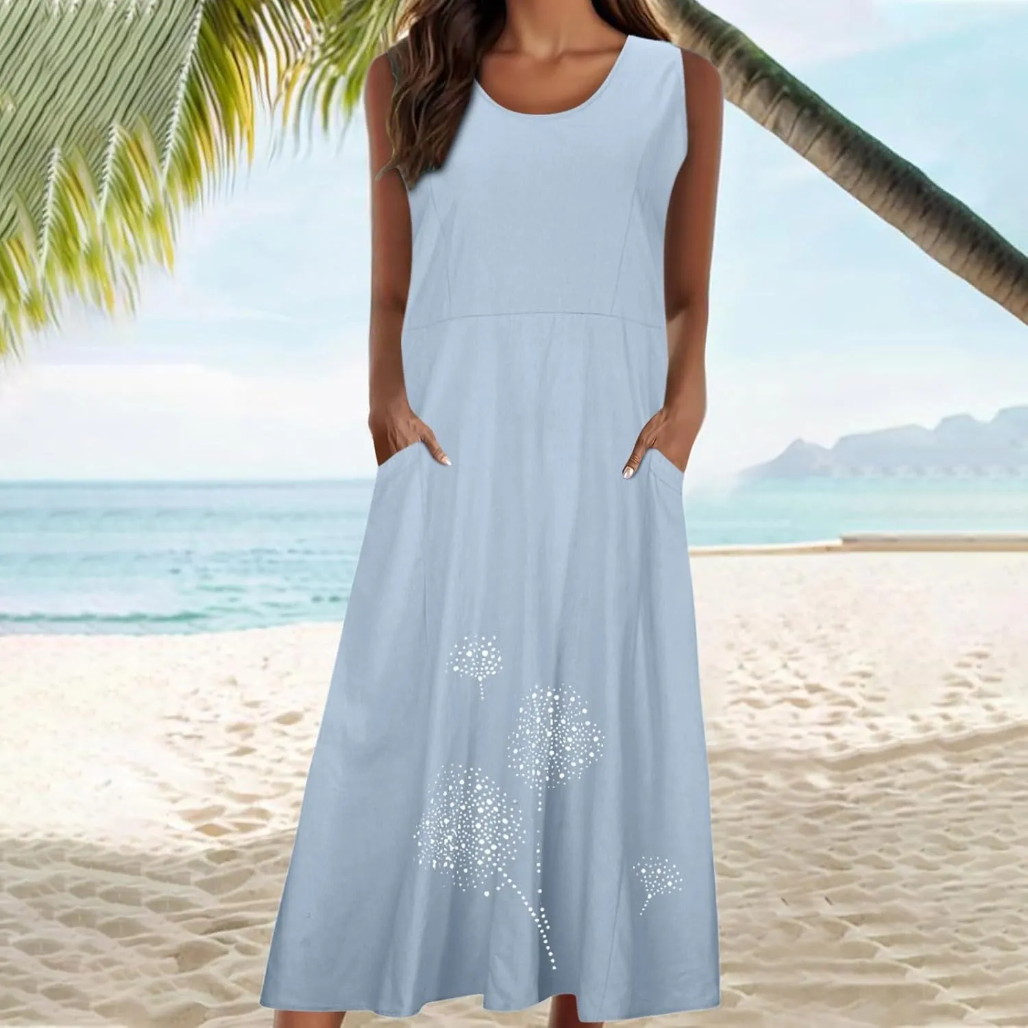 Sun Dresses for Women 2025 Vacation Boho Floral Sundress Plus Size Cotton Linen Dresses Sleeveless Dress with Pockets