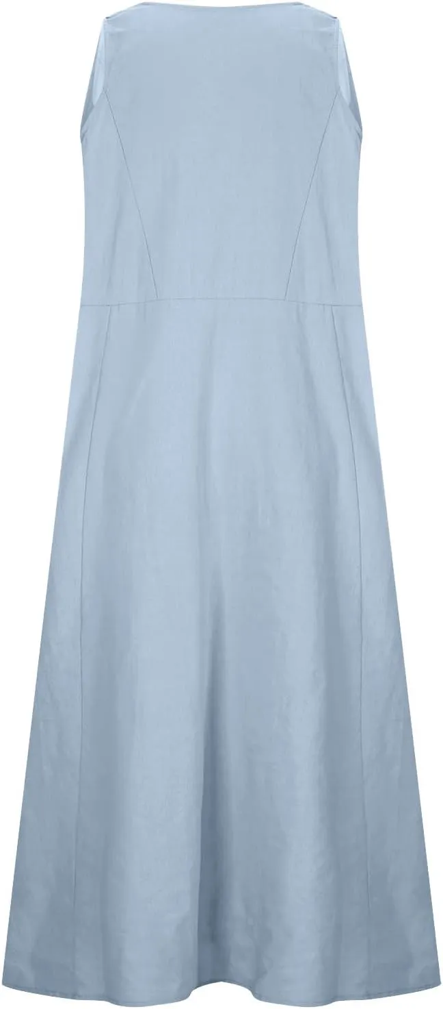 Sun Dresses for Women 2025 Vacation Boho Floral Sundress Plus Size Cotton Linen Dresses Sleeveless Dress with Pockets