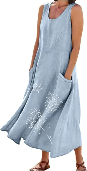 Sun Dresses for Women 2025 Vacation Boho Floral Sundress Plus Size Cotton Linen Dresses Sleeveless Dress with Pockets