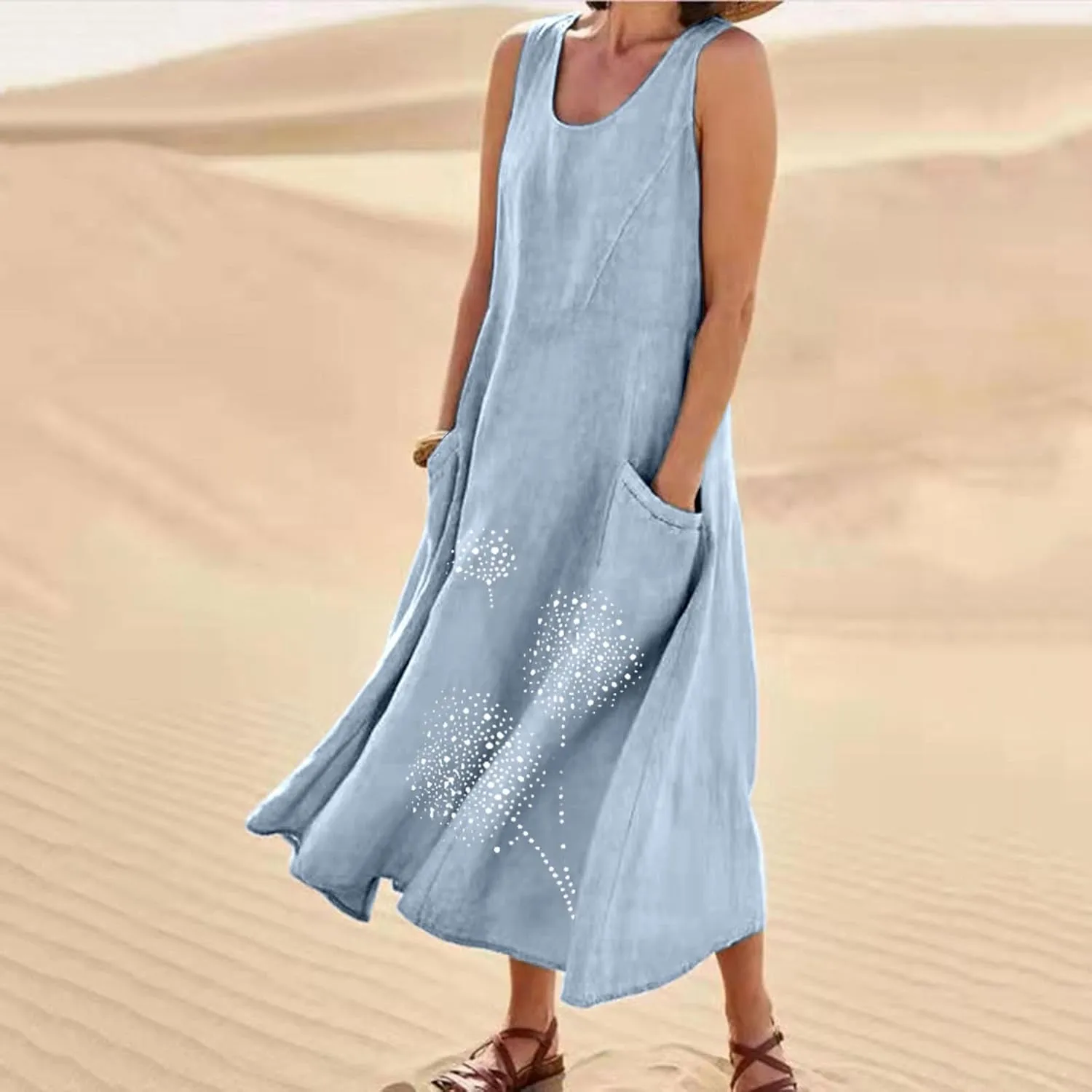 Sun Dresses for Women 2025 Vacation Boho Floral Sundress Plus Size Cotton Linen Dresses Sleeveless Dress with Pockets