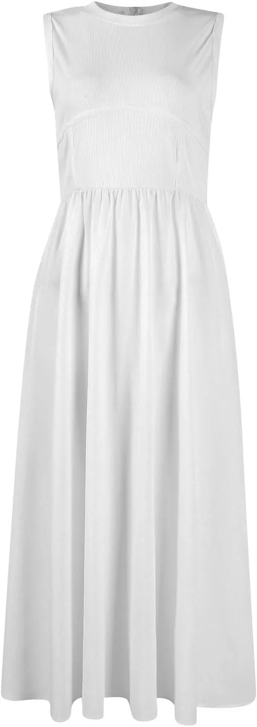 Sun Dresses Women Tank Top Dress Summer Midi Dresses Pleated Wrap Dress Sleeveless Ruffle Formal with Pockets