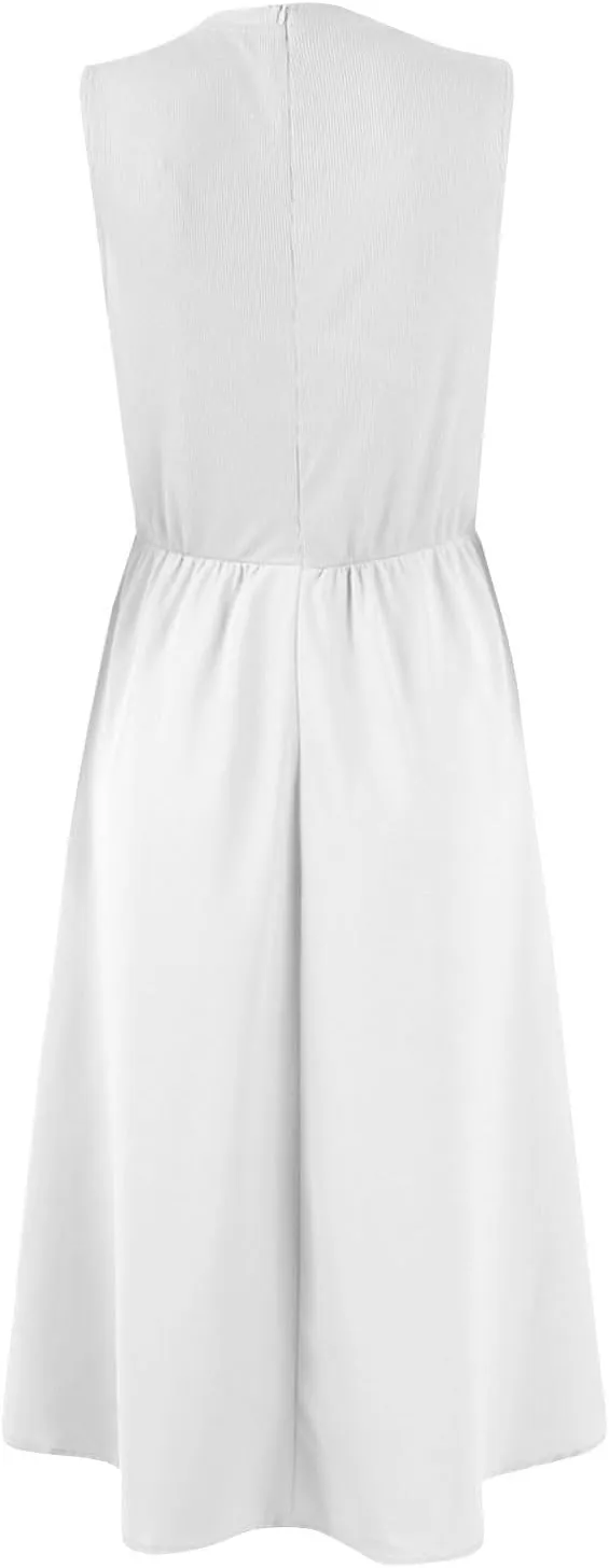 Sun Dresses Women Tank Top Dress Summer Midi Dresses Pleated Wrap Dress Sleeveless Ruffle Formal with Pockets