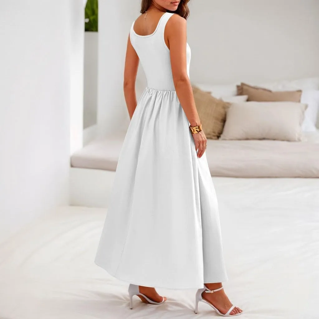 Sun Dresses Women Tank Top Dress Summer Midi Dresses Pleated Wrap Dress Sleeveless Ruffle Formal with Pockets