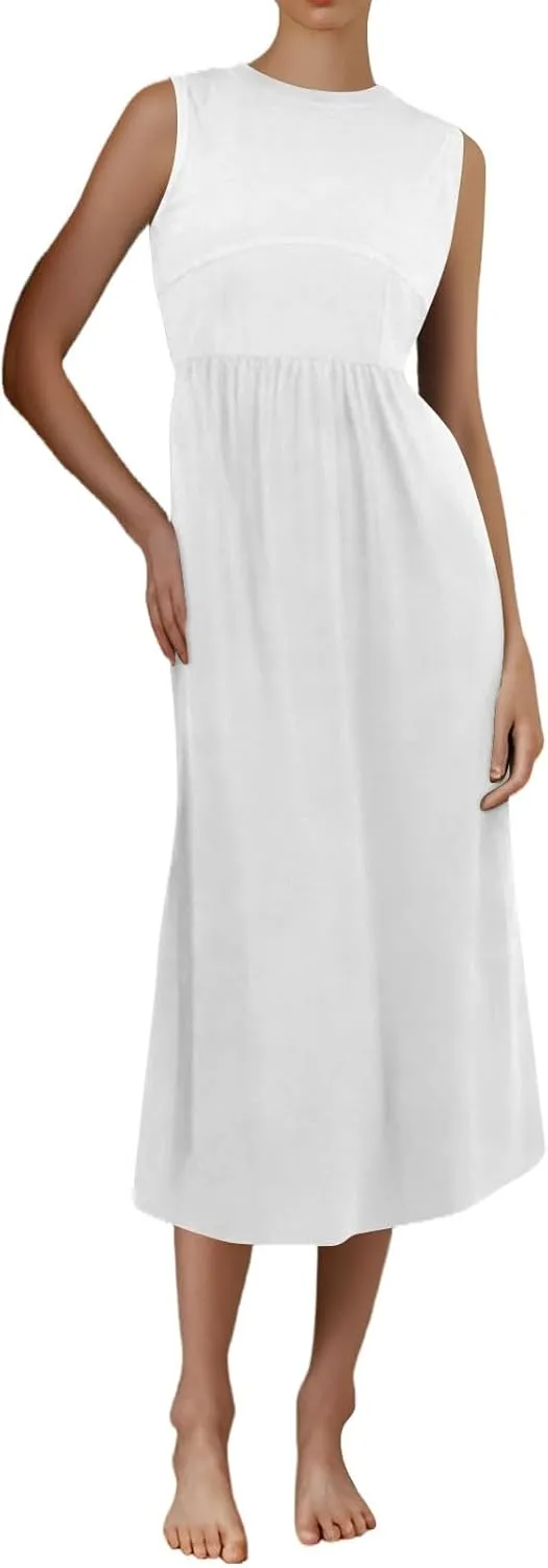 Sun Dresses Women Tank Top Dress Summer Midi Dresses Pleated Wrap Dress Sleeveless Ruffle Formal with Pockets