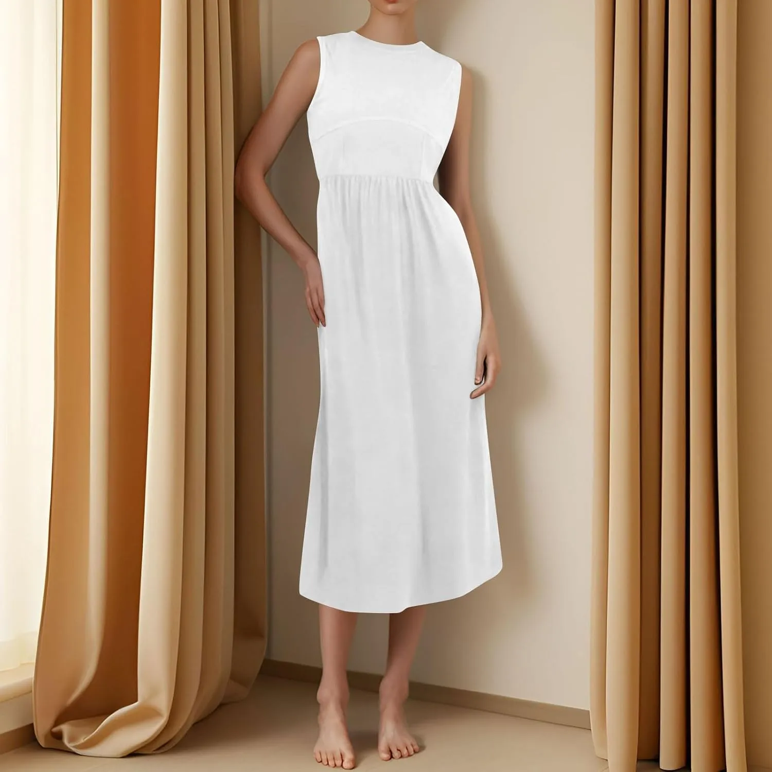 Sun Dresses Women Tank Top Dress Summer Midi Dresses Pleated Wrap Dress Sleeveless Ruffle Formal with Pockets