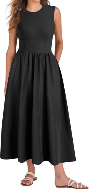 Sundresses for Women Tank Dress Summer Midi Dress Empire Waist Wrap Dresses Sleeveless Work Ruched Dresses with Pocket