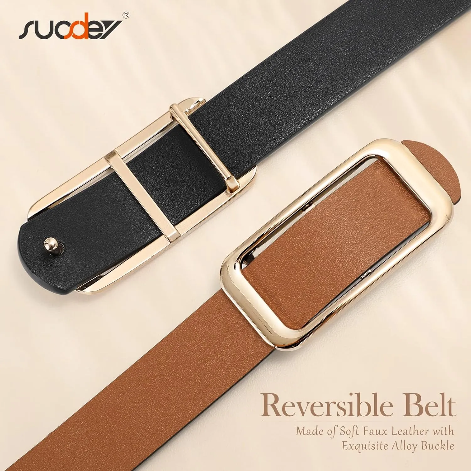 SUOSDEY Women Reversible Leather Belts for Jeans Pants Dresses Ladies Fashion Belts with Gold Buckle