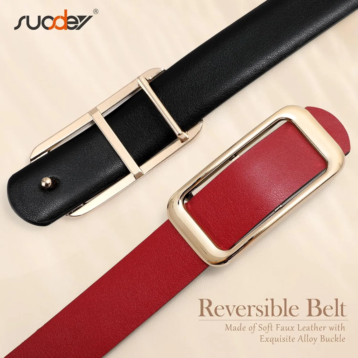 SUOSDEY Women Reversible Leather Belts for Jeans Pants Dresses Ladies Fashion Belts with Gold Buckle