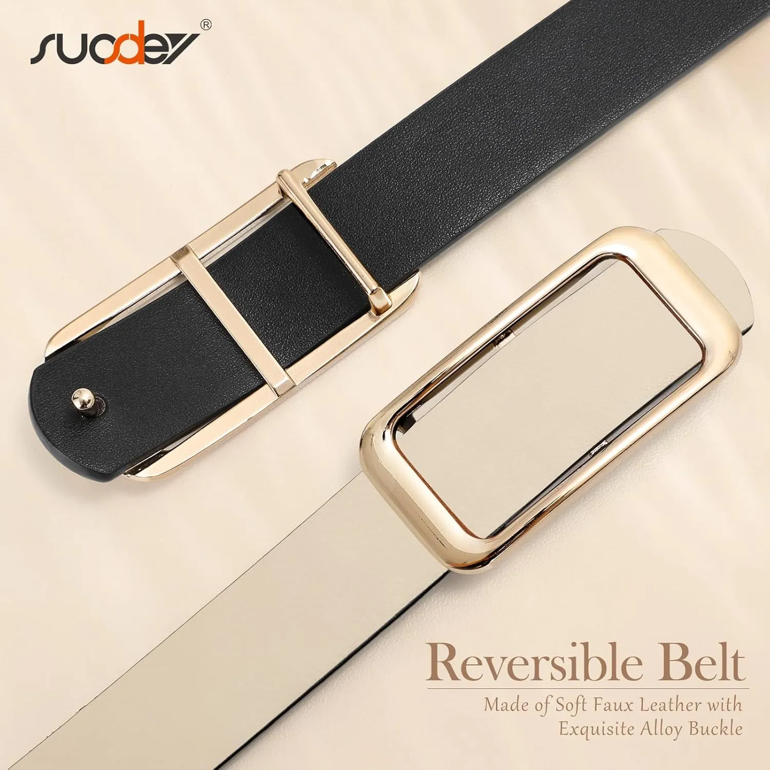 SUOSDEY Women Reversible Leather Belts for Jeans Pants Dresses Ladies Fashion Belts with Gold Buckle