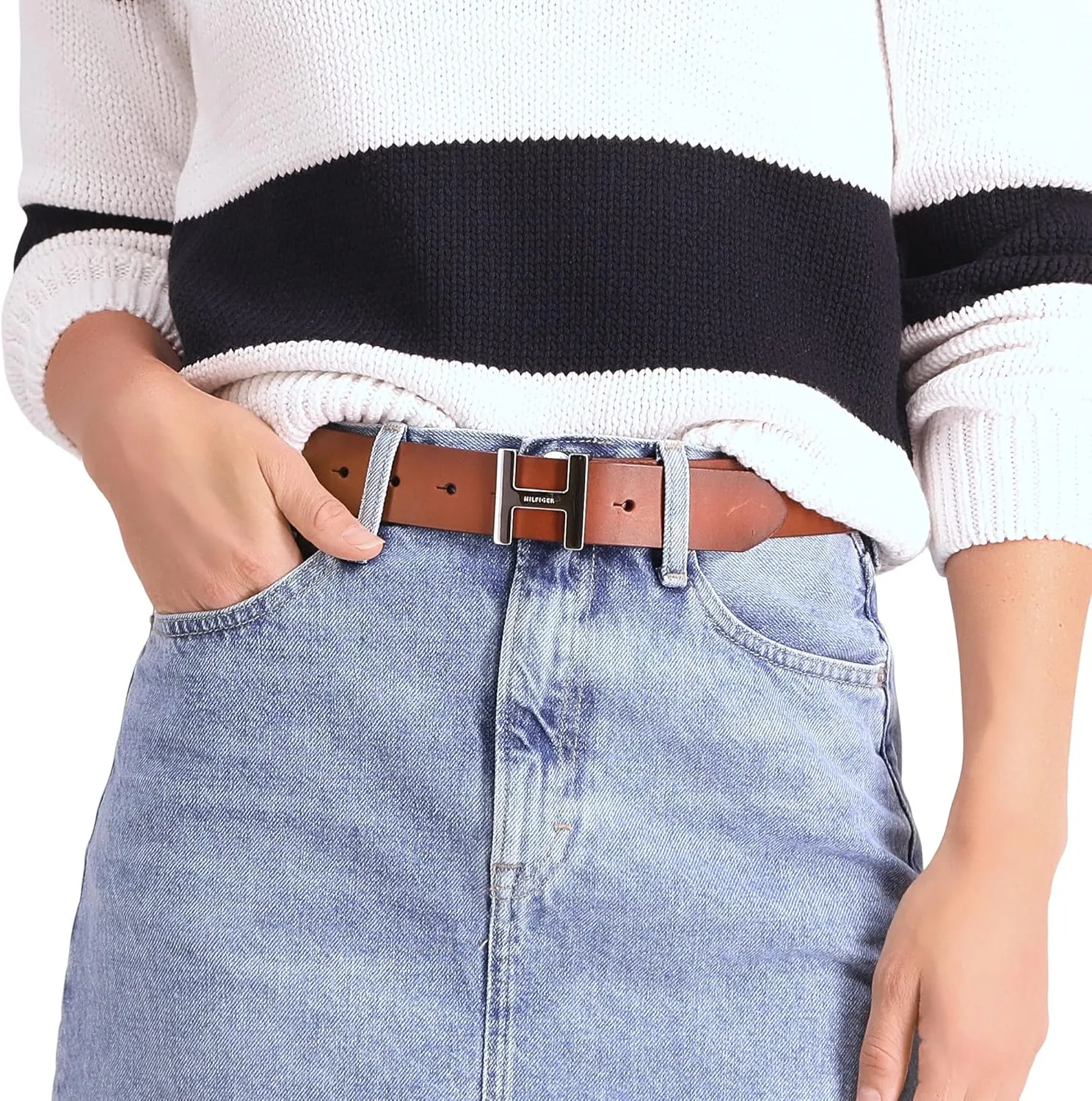 Tommy Hilfiger Women's H Monogram Plaque Buckle Casual Belt for Jeans, Trousers and Dresses