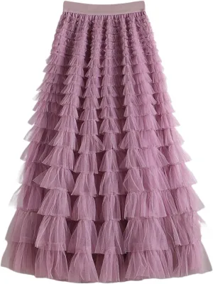 Tulle Maxi Skirts for Women 2025 Summer Elastic High Waisted Flowy Swing Tiered Mesh Long Skirt