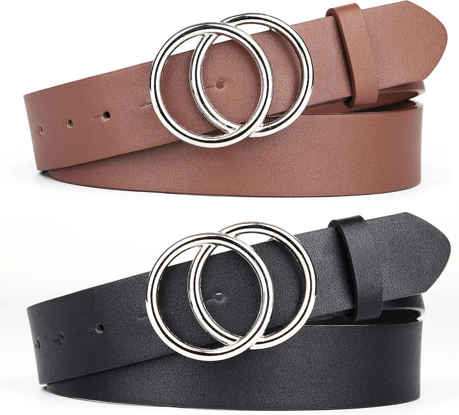 UnFader Pack 2 Women Belts for Jeans with Fashion Double O-Ring Buckle and Faux Leather