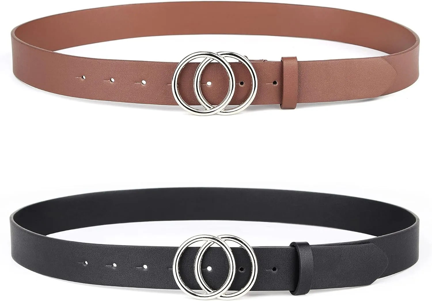 UnFader Pack 2 Women Belts for Jeans with Fashion Double O-Ring Buckle and Faux Leather