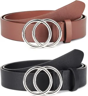 UnFader Pack 2 Women Belts for Jeans with Fashion Double O-Ring Buckle and Faux Leather