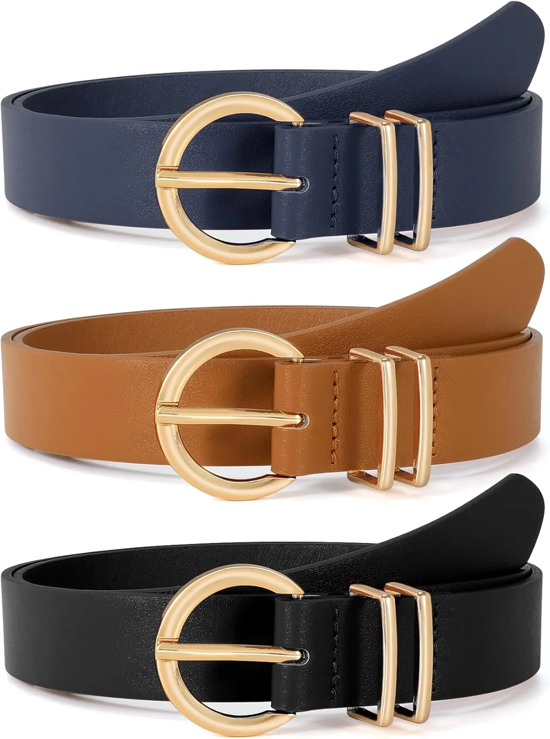 VONMELLI 3 Pack Women's Leather Belts for Jeans Dresses Ladies Waist Belt with Fashion Gold Buckle