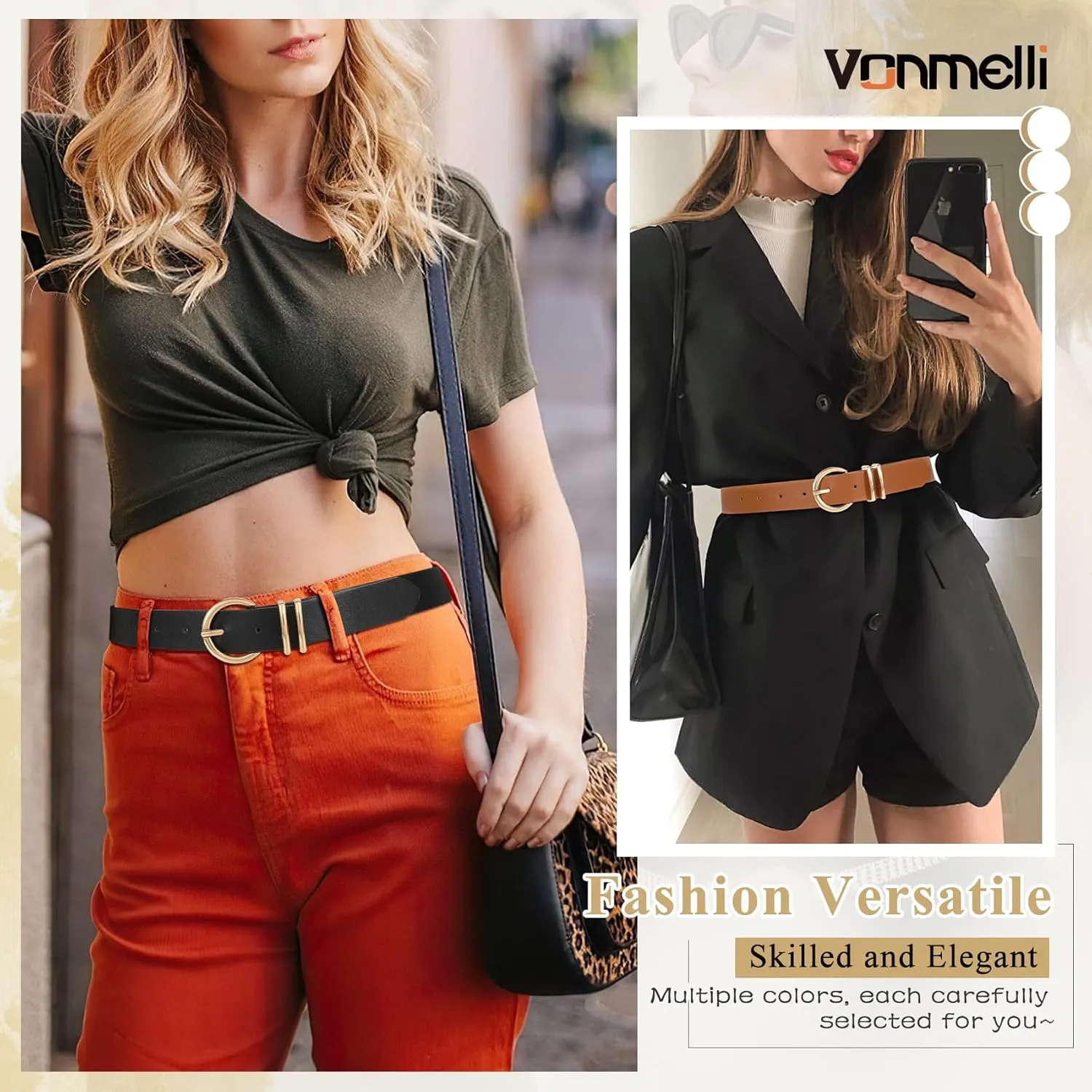 VONMELLI 3 Pack Women's Leather Belts for Jeans Dresses Ladies Waist Belt with Fashion Gold Buckle