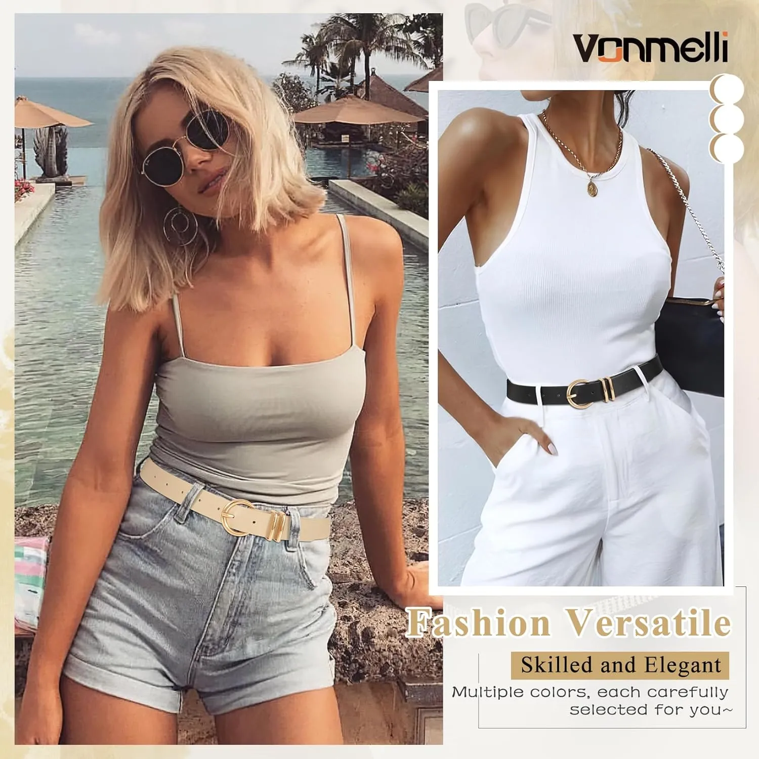 VONMELLI 3 Pack Women's Leather Belts for Jeans Dresses Ladies Waist Belt with Fashion Gold Buckle
