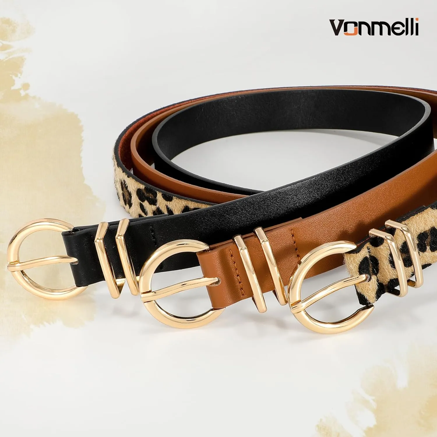 VONMELLI 3 Pack Women's Leather Belts for Jeans Dresses Ladies Waist Belt with Fashion Gold Buckle