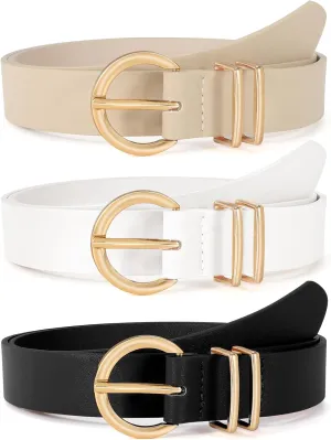 VONMELLI 3 Pack Women's Leather Belts for Jeans Dresses Ladies Waist Belt with Fashion Gold Buckle