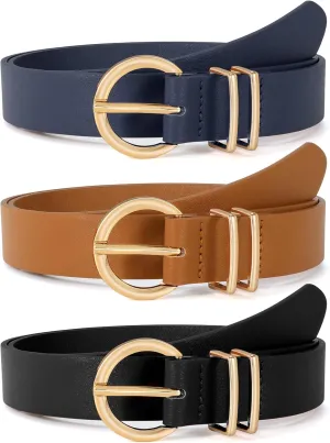 VONMELLI 3 Pack Women's Leather Belts for Jeans Dresses Ladies Waist Belt with Fashion Gold Buckle