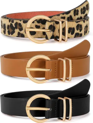 VONMELLI 3 Pack Women's Leather Belts for Jeans Dresses Ladies Waist Belt with Fashion Gold Buckle