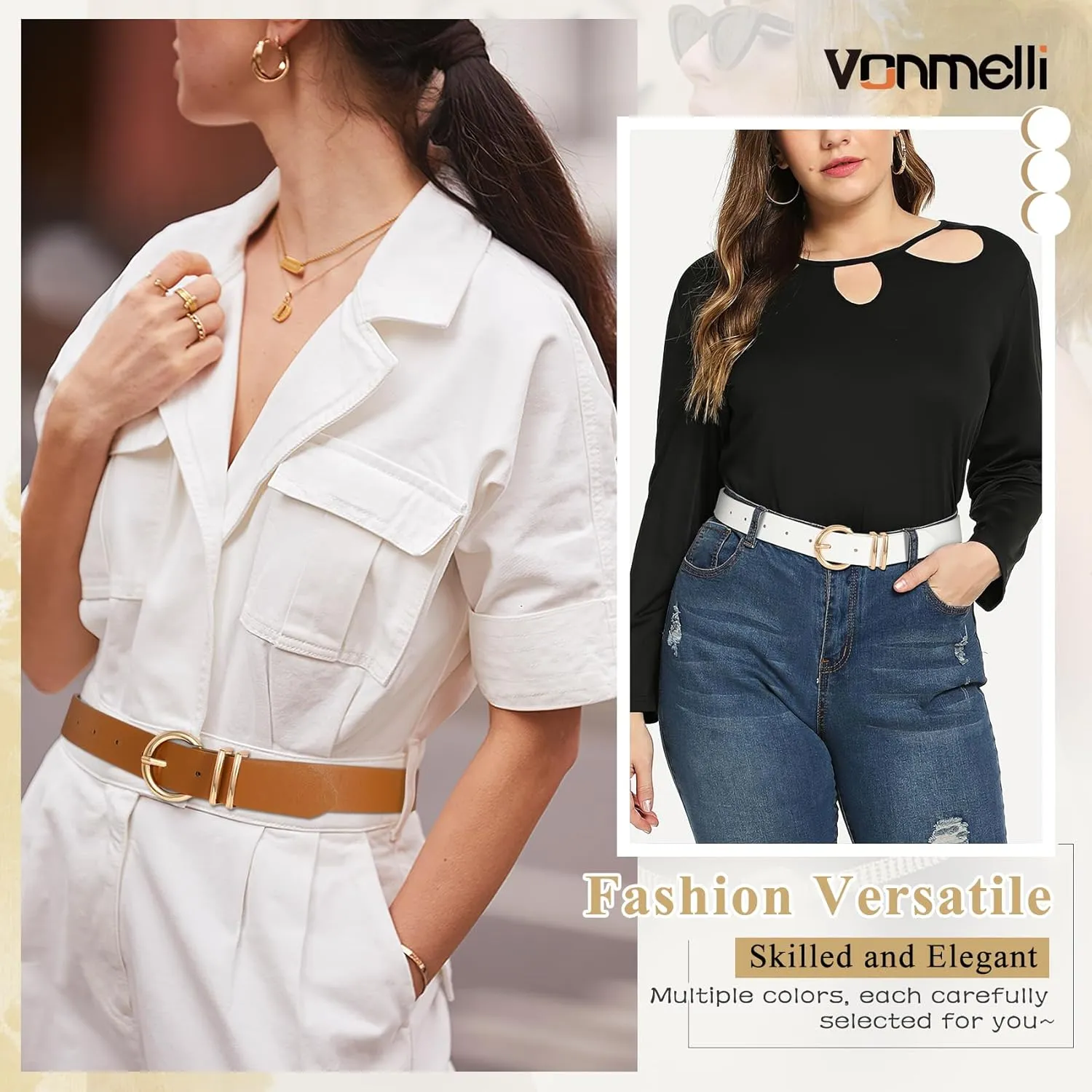 VONMELLI 3 Pack Women's Leather Belts for Jeans Dresses Ladies Waist Belt with Fashion Gold Buckle