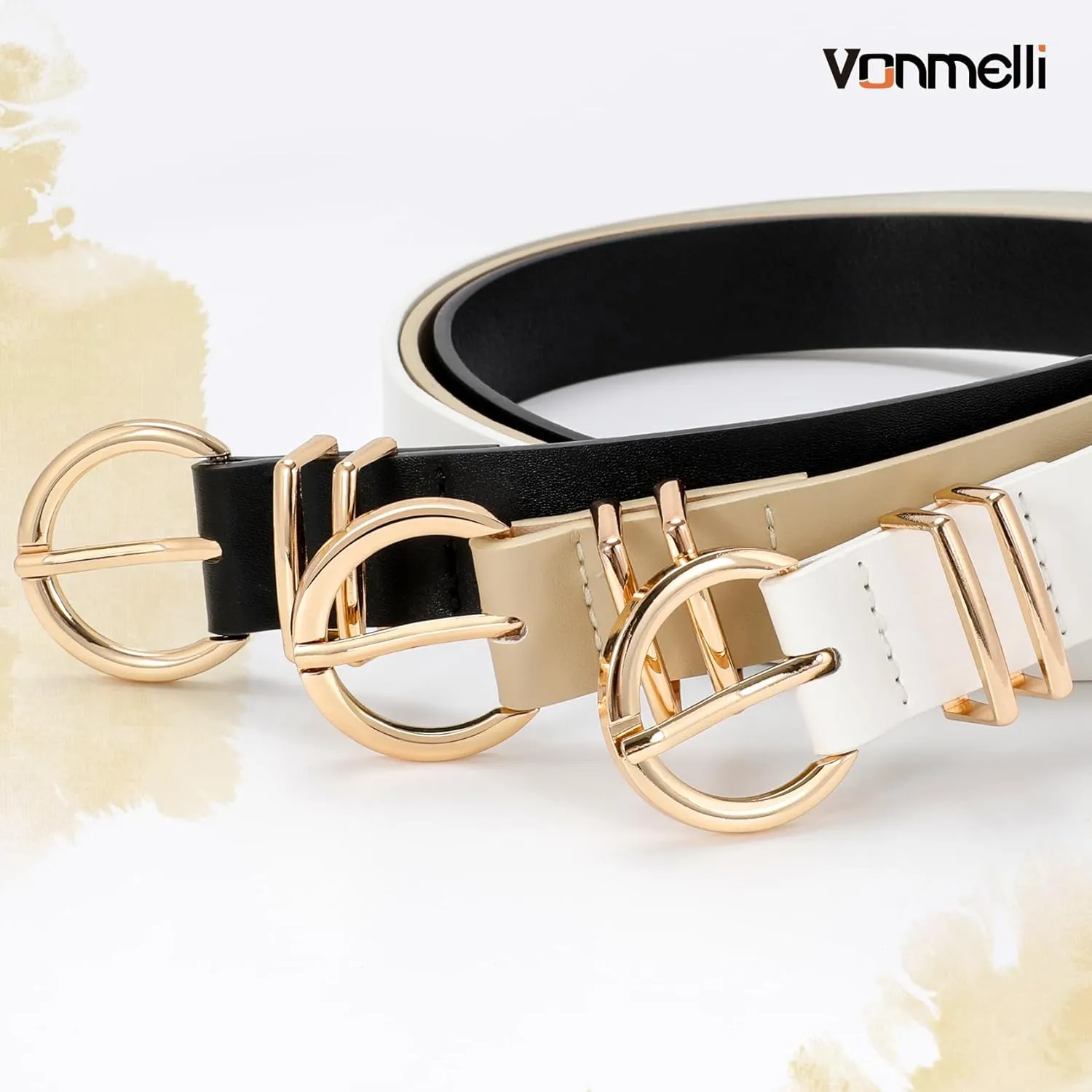 VONMELLI 3 Pack Women's Leather Belts for Jeans Dresses Ladies Waist Belt with Fashion Gold Buckle