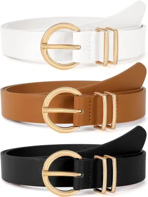 VONMELLI 3 Pack Women's Leather Belts for Jeans Dresses Ladies Waist Belt with Fashion Gold Buckle