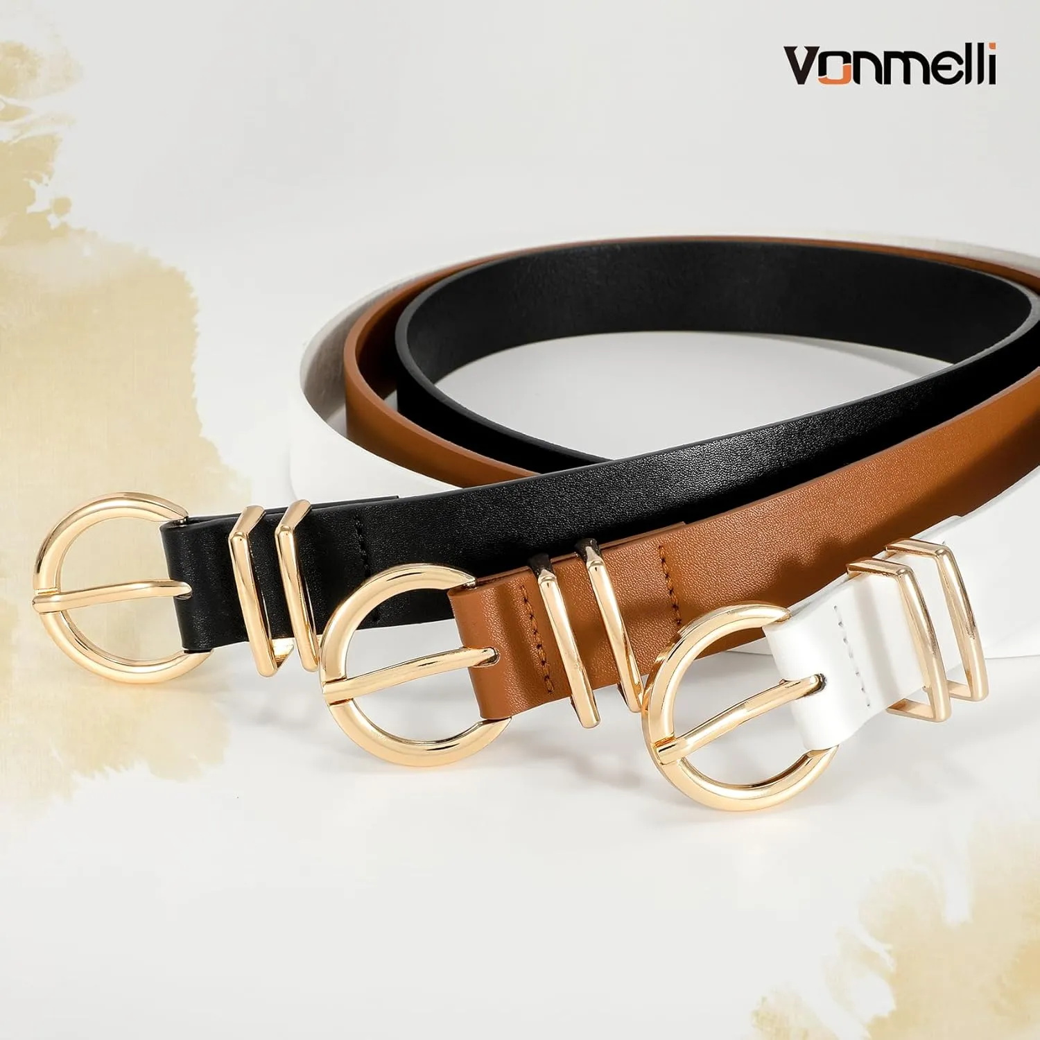 VONMELLI 3 Pack Women's Leather Belts for Jeans Dresses Ladies Waist Belt with Fashion Gold Buckle